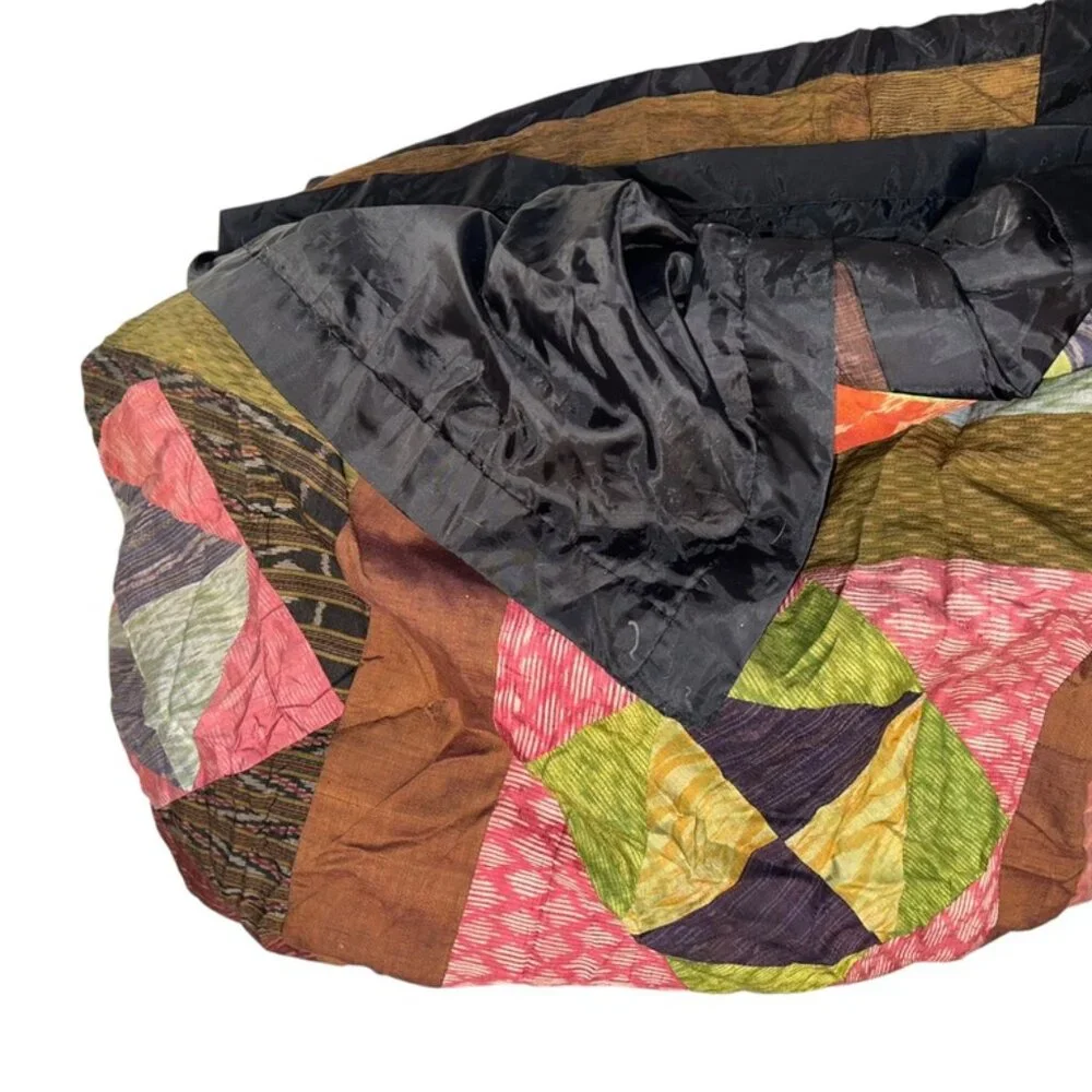 Indian Silk Pathwork quilt coverlet bedspread multicolor earthy  QUEEN